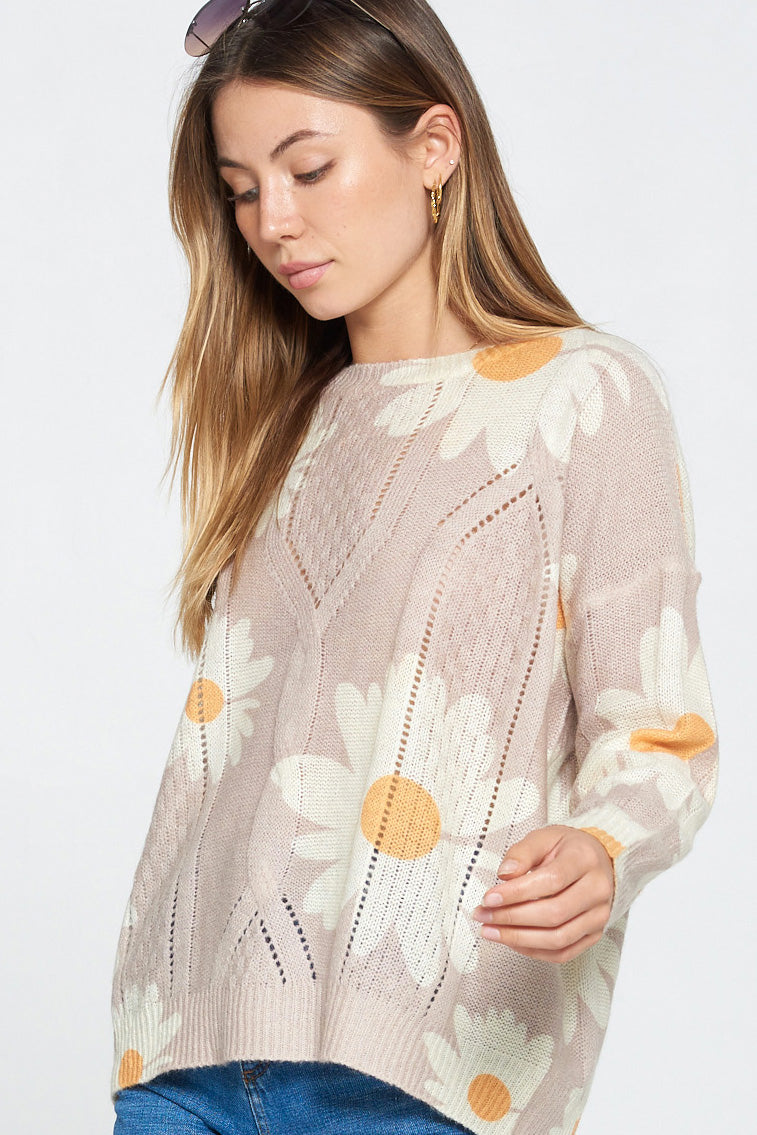 Floral Printed Crew Neck Loose Knit Sweater - Wild Luxe Boutique