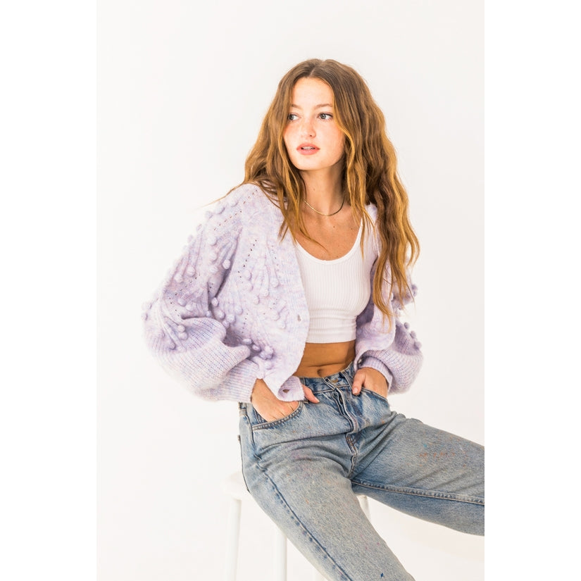 Cropped Pom Pom Lavender Cardigan Sweater - Wild Luxe Boutique