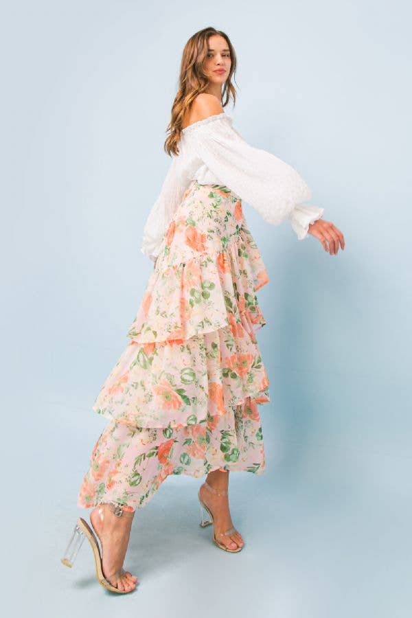 Peach Floral Tiered Ankle Skirt