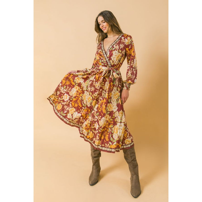 Rust Floral Pleated Midi Dress - Wild Luxe Boutique
