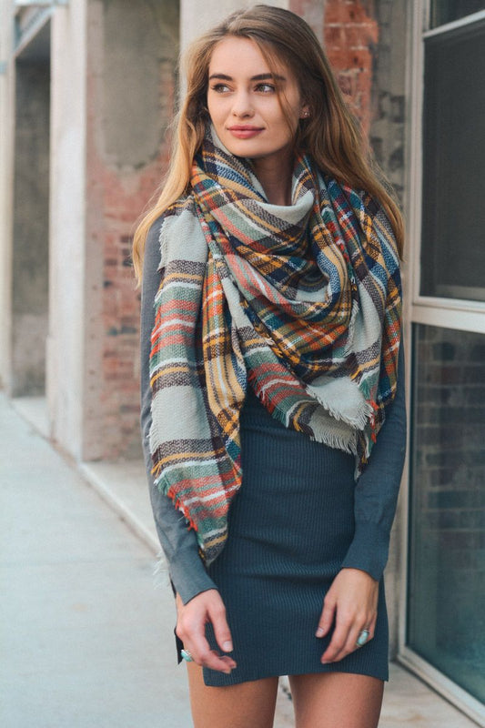 Gray/Mustard Flannel Frayed Edge Blanket Scarf - Wild Luxe Boutique