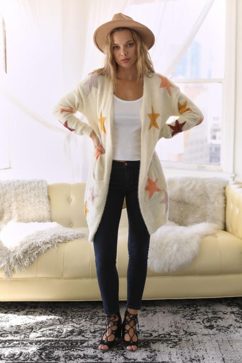 Star Print Accent Thick Knit Front Open Sweater - Wild Luxe Boutique