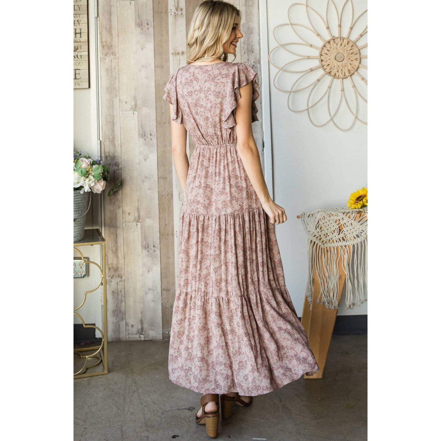 Abstract Frilled Sleeve Maxi Dress