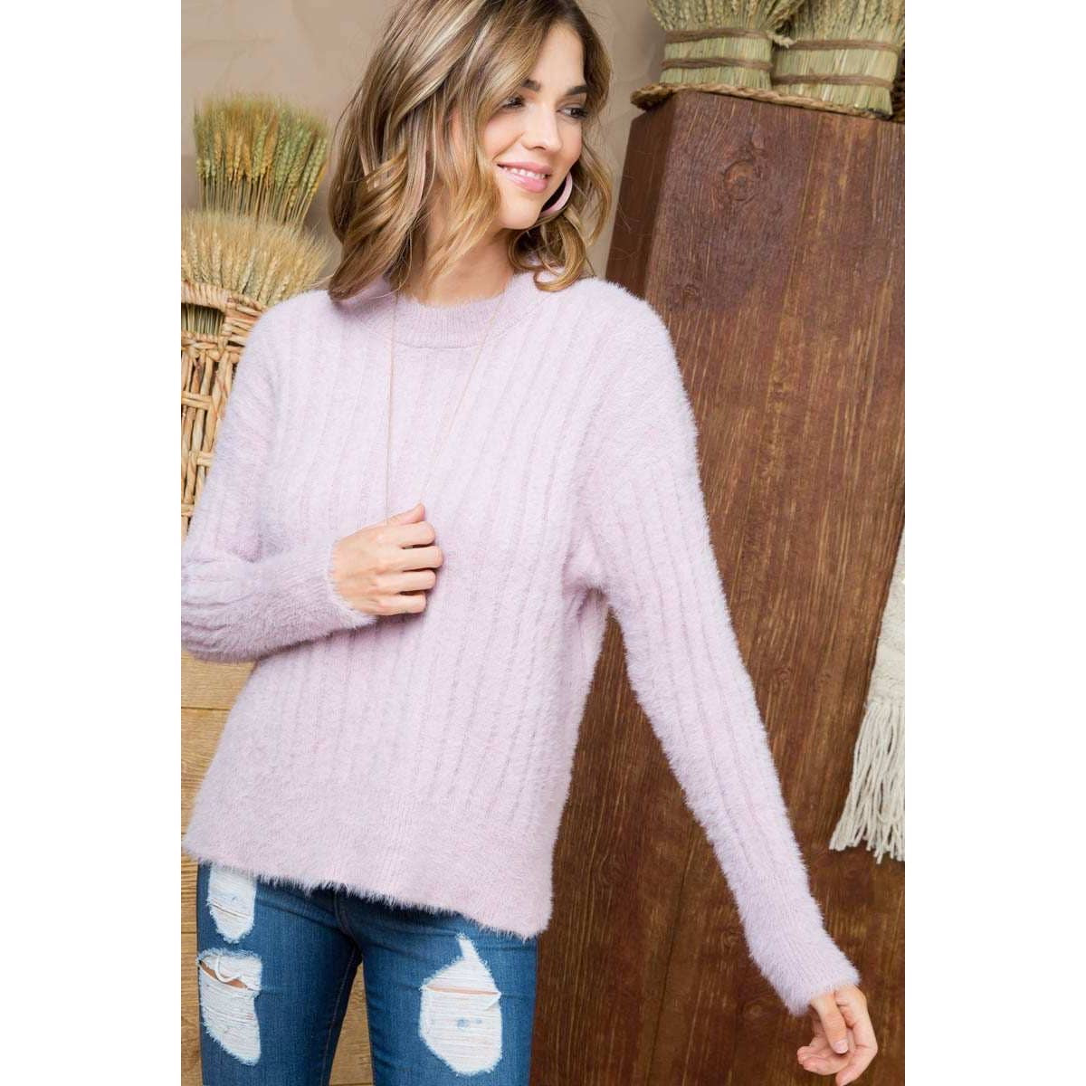 Lilac Fuzzy Ribbed Crew Tunic Sweater - Wild Luxe Boutique