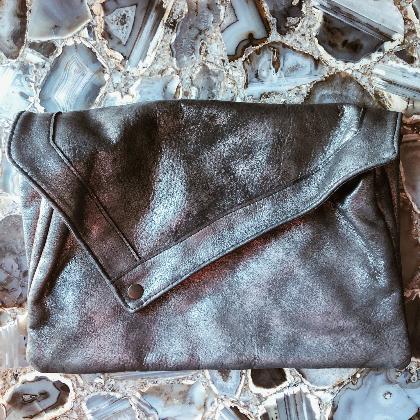 Black Silver Distressed Leather Envelope Clutch - Wild Luxe Boutique