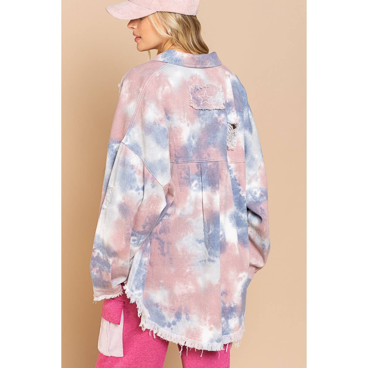 Rose Blue Tie Dye Distressed Shacket - Wild Luxe Boutique