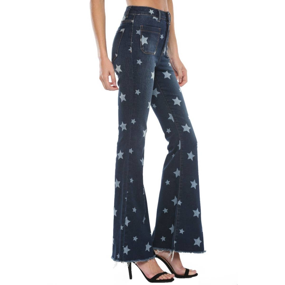 Dark Wash Star Print Flare Jeans - Wild Luxe Boutique