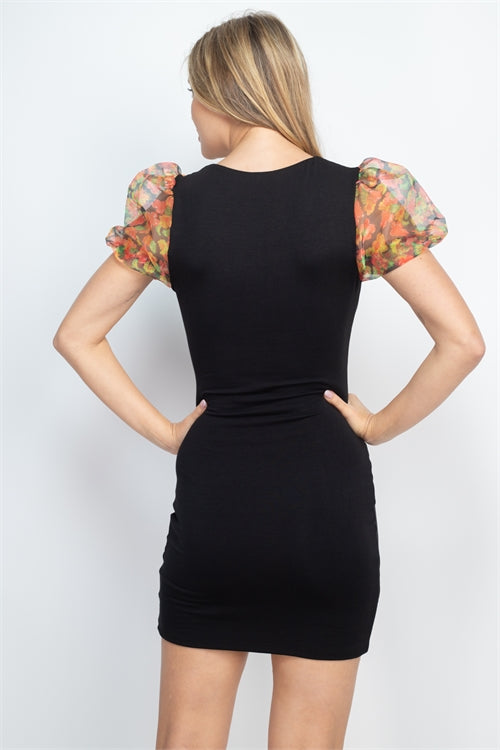 Floral Puff Sleeve Black Bodycon Mini Dress - Wild Luxe Boutique