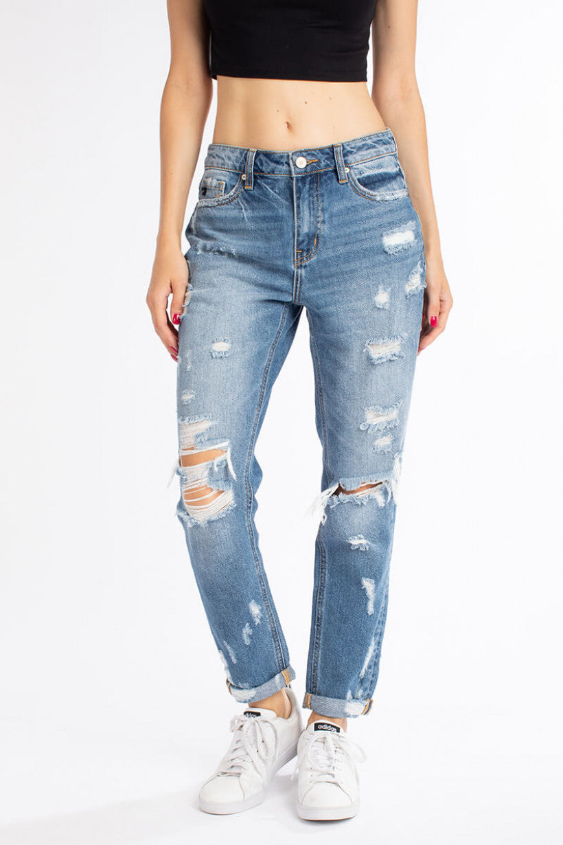 Skylar Mid-Rise Distressed Mom Jeans - Wild Luxe Boutique