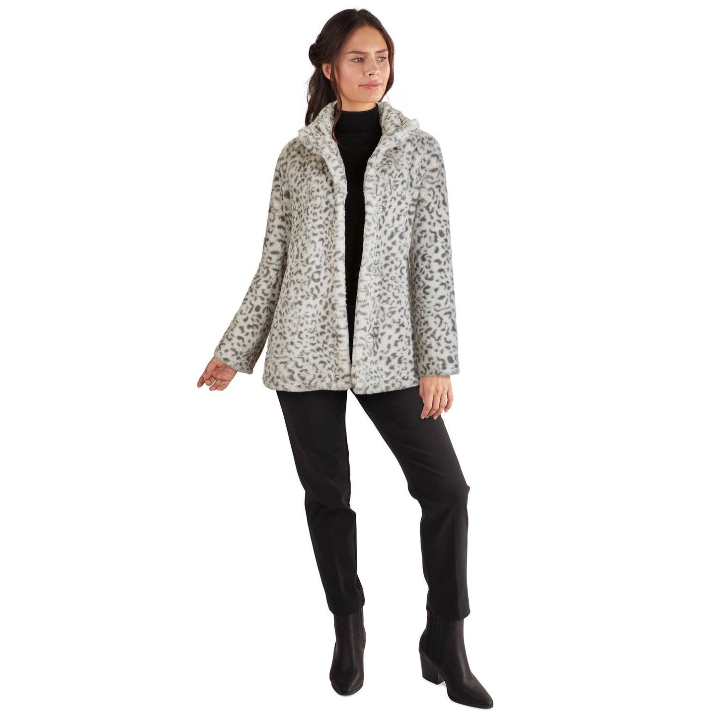 Kenneth Cole Button-Front Leopard Faux Fur Coat with Standing Collar - Wild Luxe Boutique