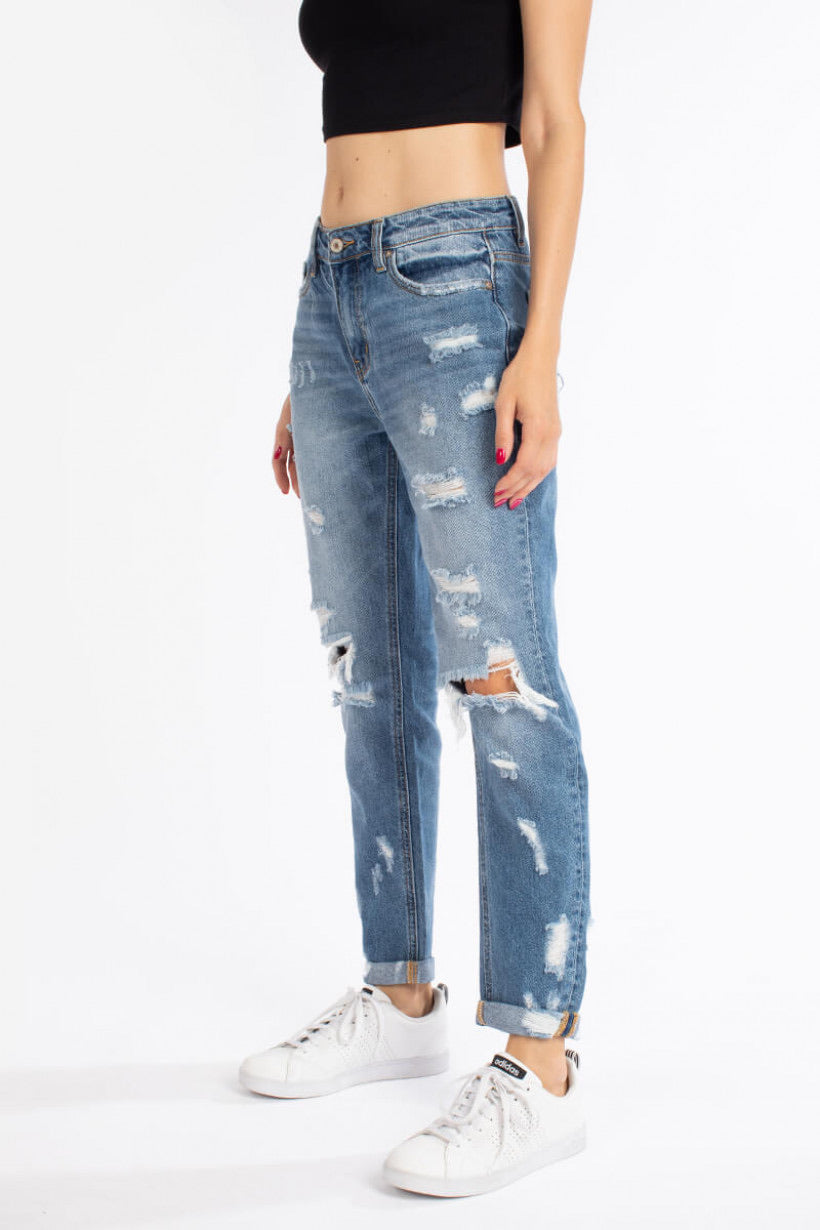 Skylar Mid-Rise Distressed Mom Jeans - Wild Luxe Boutique