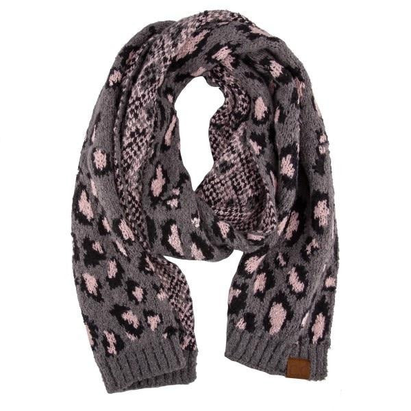 Light Melange Grey Leopard Print Jacquard Knit Scarf - Wild Luxe Boutique