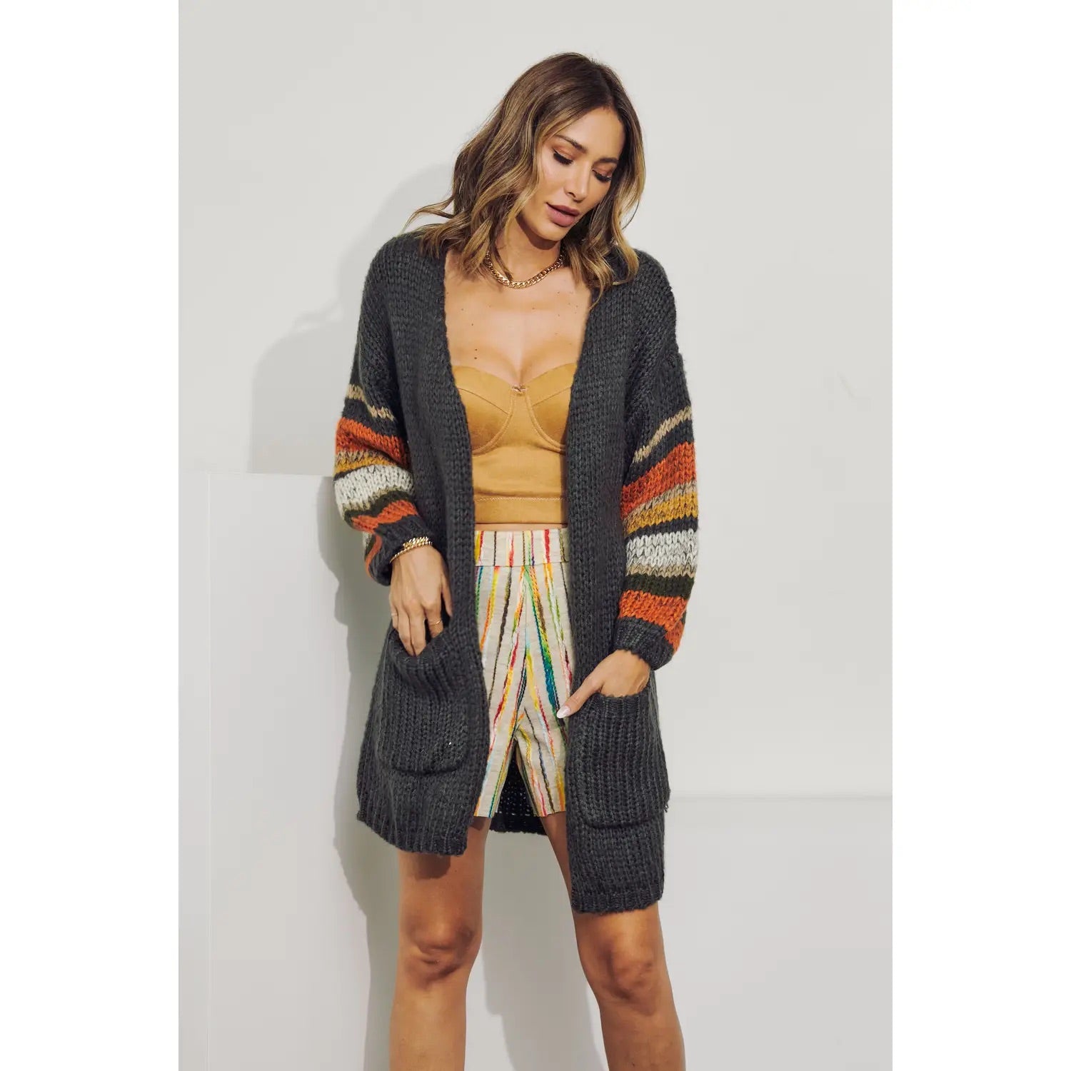 Charcoal Striped Accent Knit Cardigan - Wild Luxe Boutique