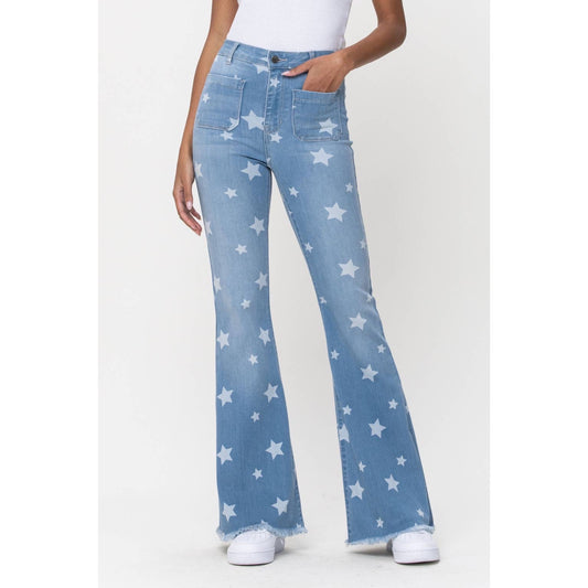 Light Wash Star Print Flare Jeans - Wild Luxe Boutique