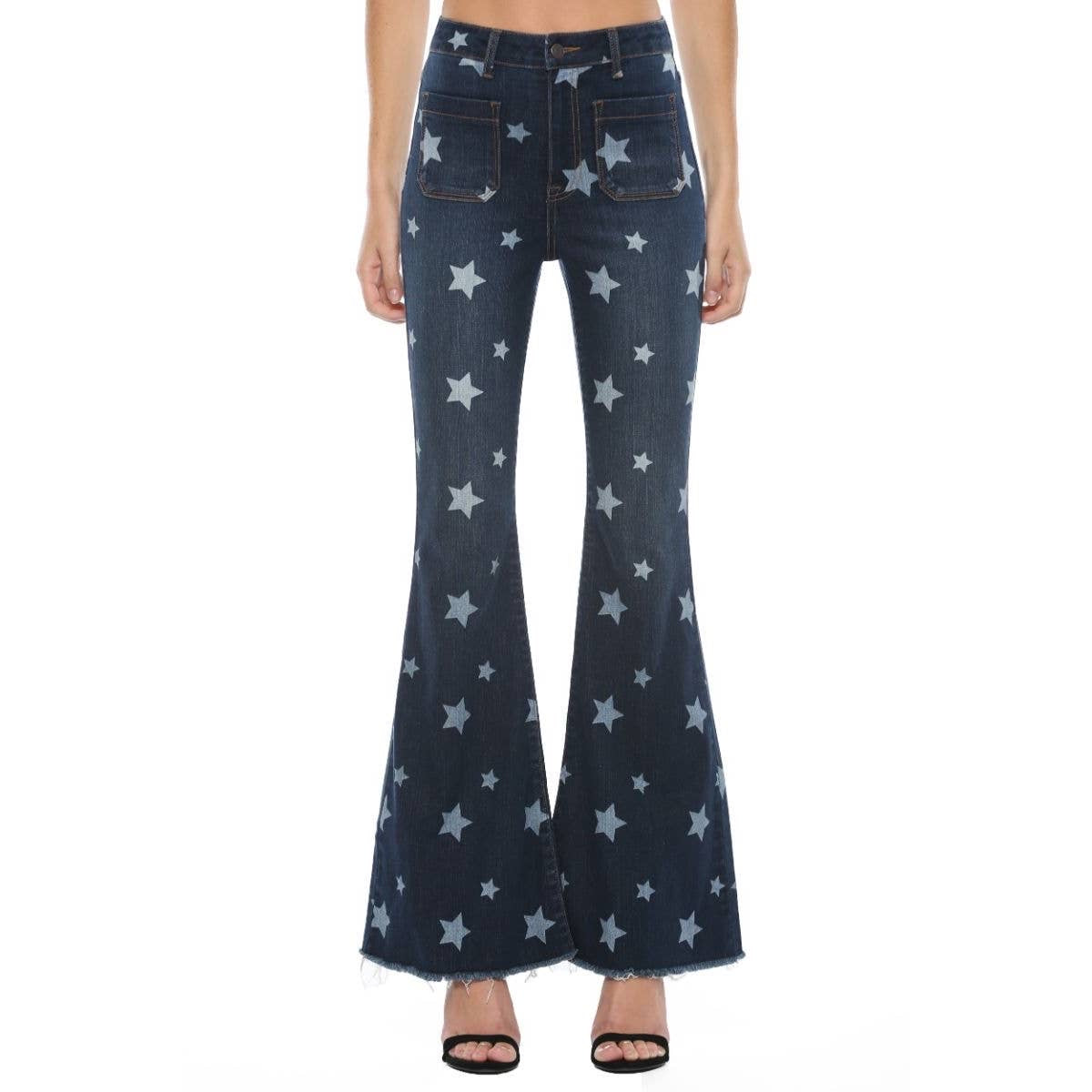 Dark Wash Star Print Flare Jeans - Wild Luxe Boutique