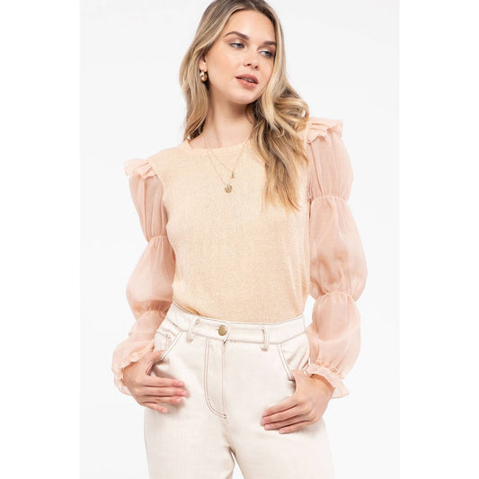 Contrast Sleeve Apricot Sweater Top