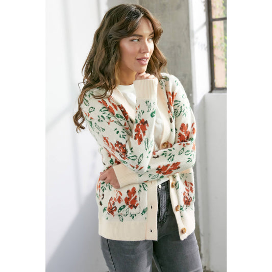 Floral Knit Button Front Cream Cardigan