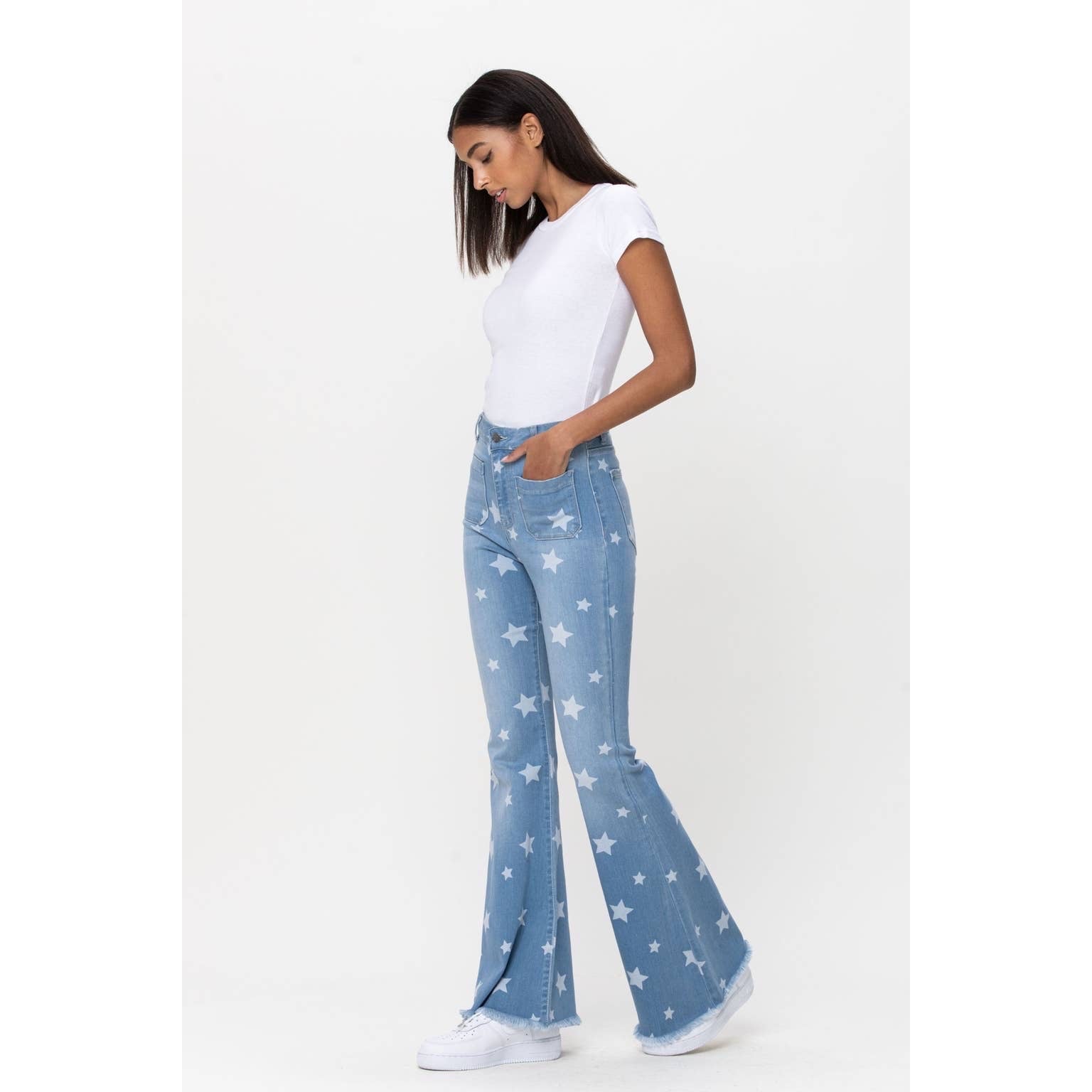 Light Wash Star Print Flare Jeans - Wild Luxe Boutique