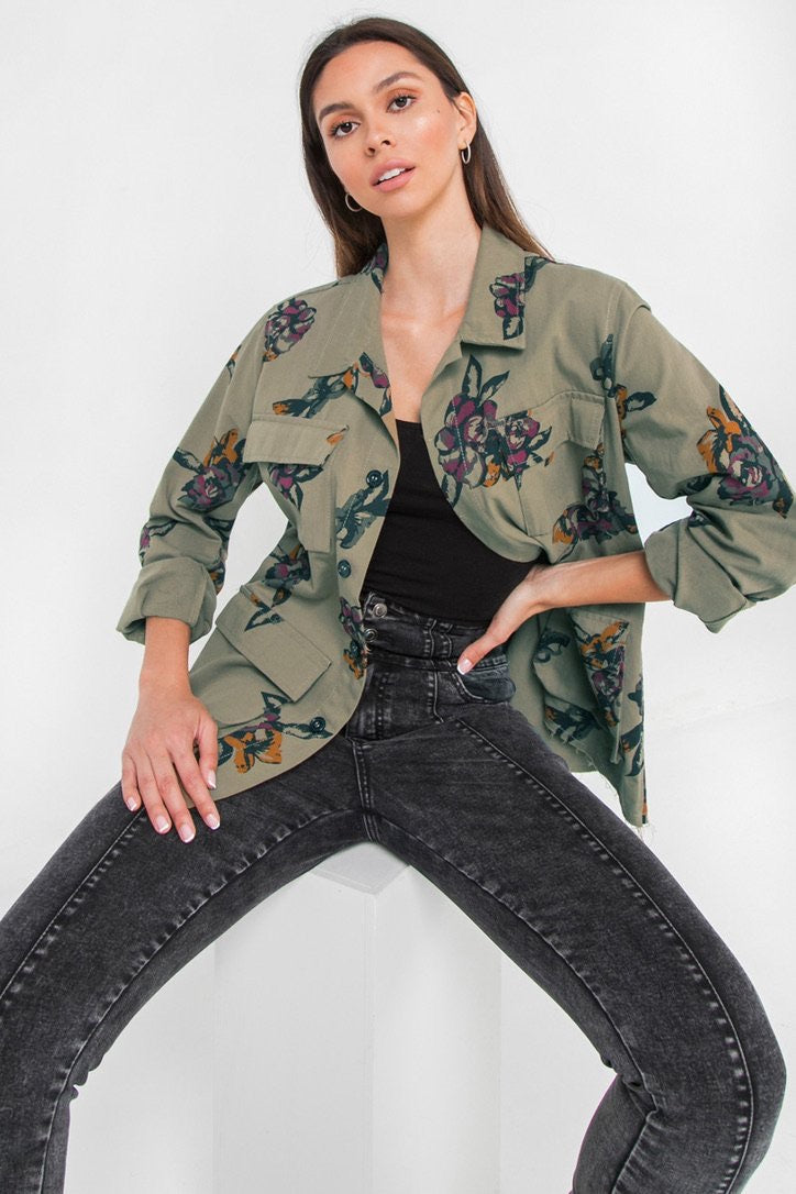 Floral Print Cargo Jacket - Wild Luxe Boutique