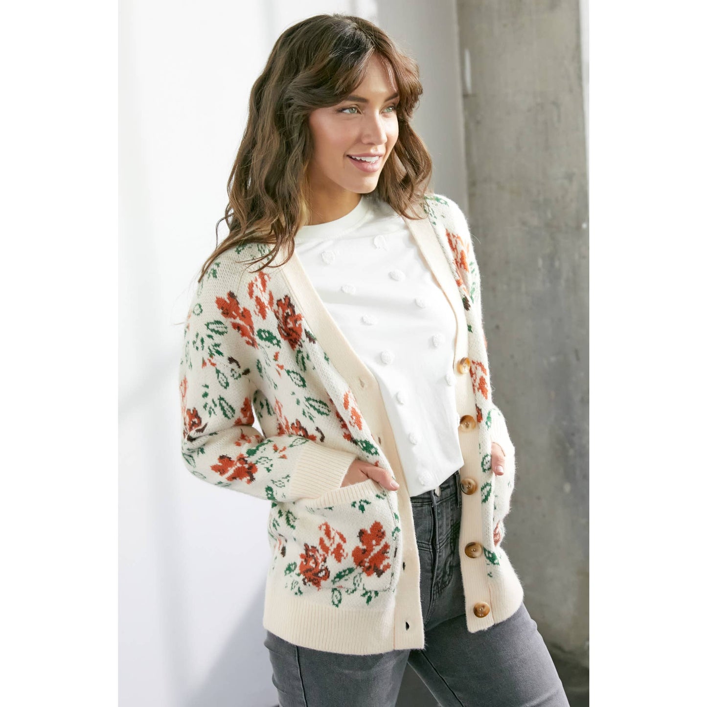 Floral Knit Button Front Cream Cardigan