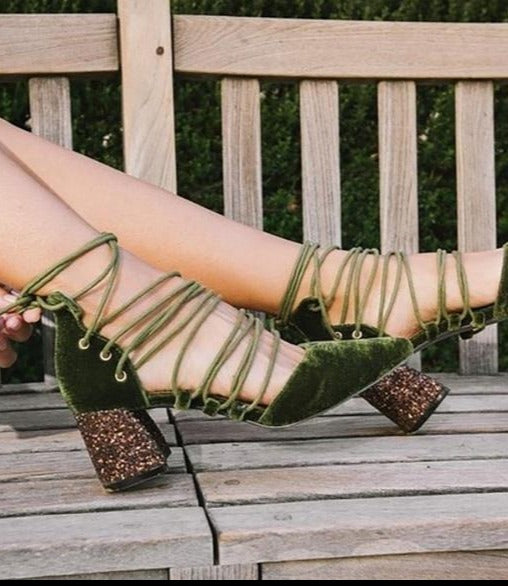 Olive Velvet Lace-Up Heels - Wild Luxe Boutique