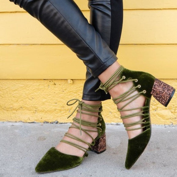 Olive Velvet Lace-Up Heels - Wild Luxe Boutique
