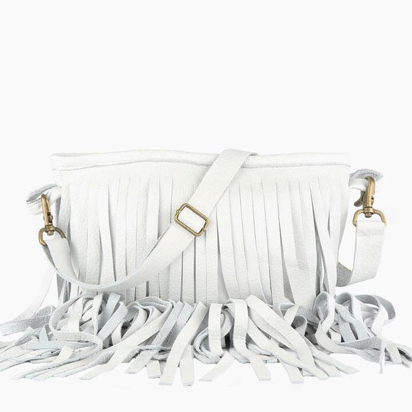 White Leather Fringe Messenger - Wild Luxe Boutique