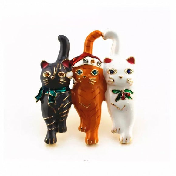 Enamel and Rhinestone Cats Trio Brooch Pin - Wild Luxe Boutique