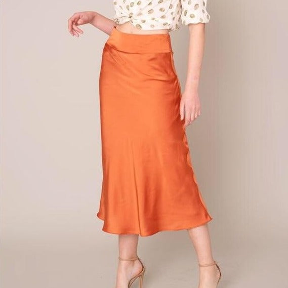 Satin A-Line Midi Skirt in Clay - Wild Luxe Boutique