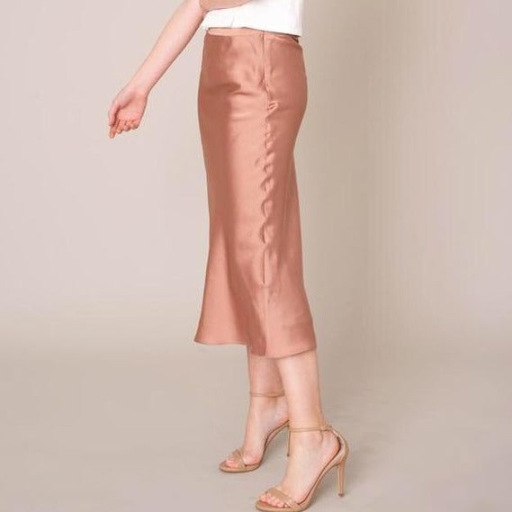 Satin A-Line Midi Skirt in Dusty Pink - Wild Luxe Boutique