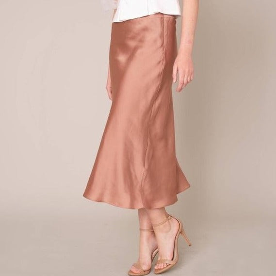 Satin A-Line Midi Skirt in Dusty Pink - Wild Luxe Boutique